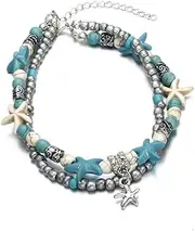 [Generic] Turquoise Anklet Turtle Starfish Double Ankle Bracelet Bead Summer Beach Foot Chain Jewelry for Women and Girls
