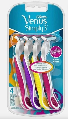 Gillette Venus Simply 3 Disposable Razor, 3 Blades, Qty 4 Razors