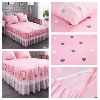 在飛比找蝦皮購物優惠-現貨床裙 新款蕾丝床包 1pc / 3pcs舒柔棉床罩粉色蕾