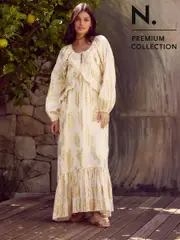 Gold N. Premium Long Sleeve Ruffle Tie Front Maxi Dress (AT3337) | $169