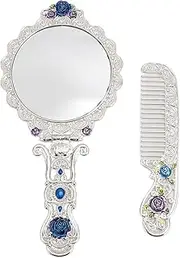 Vintage Mirror Comb Set, Metal Handheld Mirror, Cosmetic Decorative Embossed Mirror with Hair Brush, Portable Compact Folding Travel Mirror for Women,Girls,Lady