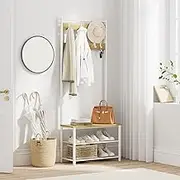 AEPOALUA Hall Tree with Bench and Shoe Storage, 3-in-1 Freestanding Wooden Coat Rack with Shoe Bench with Metal Frame, 3-Tier Shelf and 9 Removable Hooks, White/Walnut