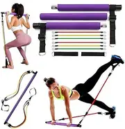MTSDM Pilates Bar Kit, Portable Fitness Bar with 6 Resistance Bands, Elastic Rod Squat Machine Core Strength Training for Men and Women with Stackable Bands Workout Equipment for Legs Hip Waist Arm