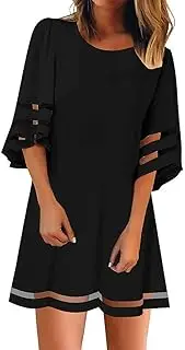 [Generic] Contrast Color Wrap Slit Pencil Dress O Women's Neck 3/4 Sleeve Panel Loose Bell Blouse Mesh Shirt Top Dress Women's Dress Denim Dresses for Women Casual