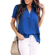 Nevenka Women V Neck Chiffon Blouse Short Sleeve Summer Casual Loose Shirt Tops-Blue-9093