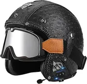 Motorcycle Helmet Vintage Motorcycle 3/4 Helmet with Bluetooth Open Face Leather Helmet with Personalized Visor Fits Adult Men Women DOT/ECE Approved Jet Helmet