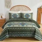 Dintszyayue Boho Quilt Set King Size 3 Pieces Aztec Texture Bedspread Green Coverlet Set Soft Lightweight Bed Cover for All Season Geometric Western Bedding with 2 Pillowcases(Green,104"x90")