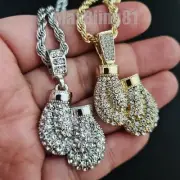 Hip Hop Iced Lab Diamond Boxing Gloves Pendant & 4mm 24" Rope Chain Necklace