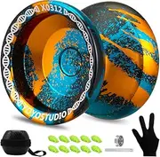 [YOYOSTUDIO] X0312 Unresponsive Finger Spin Yoyo Professional, Responsive Yoyo for Adults Kids 8-12, Trick Yoyo Professional with Yo Yo Bearing Kit, 10 Yo-Yo Strings, Case & Glove (Black Gold Blue)