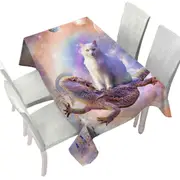 Cool White Cat Riding a Dragon Lizard in Space Tablecloth