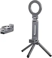 Magnetic Phone Tripod Stand Carabiner for iPhone, Foldable Magsafe Aluminium Stand, 360°Rotatable Magnetic Mini Tripod, Pocket Size with Metal Ring for Non-Magsafe Devices (Grey)