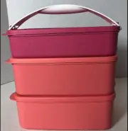 Tupperware Click To Go Stackable Pack N Carry Lunch w/ Carrier Handle Set 3