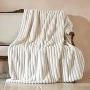 Amélie Home Soft Faux Fur Throw Blanket for Couch, Warm Luxurious Faux Rabbit Fur Striped Throw Blanket, Cozy Fluffy Plush Fur Blanket for Sofa Chair Bed Living Room, Cream White, 50"x 70"