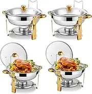 Chafing Dish Buffet Set 4 Pack, 5QT Round Chafing Dishes for Buffet with Glass Lid & Lid Holder, Stainless Steel Chafers and Buffet Warmers Sets for Catering, Parties and Weddings, Gold