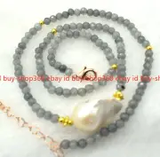 Faceted 2x4mm Gray Labradorite Gemstone Beads White Baroque Pearl Necklace 20"