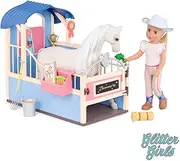 Glitter Girls Dolls by Battat – GG Horse Stable Barn Playset with Saddle and Play Food Items (Pink & Blue) – 14-inch Doll and Horse Accessories for Kids Ages 3 and Up – Children’s Toys