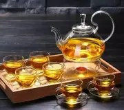 8 Pc Tea Set 600ml High Handle Glass Teapot + Round Warmer + 6 Cups With Saucer