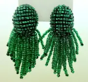 Vintage bohemian Handmade green seed beaded clip on drop/Dangle fashion earrings