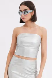 Metallic Corset Top Sleeveless Strapless Bandeau PU Silver - Size 16, Women's Crop Top