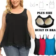 Women Summer Built in Bra Casual Flowy Swing Pleated Plus Size Lace Tank Top