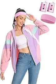 [MASSWO] 80s Jacket Neon Color Block Bomber Jacket Patchwork Windbreaker Rave Tracksuit Casual Lightweight Jackets