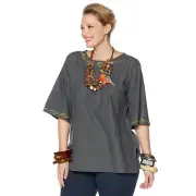 Rara Avis by Iris Apfel Embroidered Denim Top in Cotton Grey size 10
