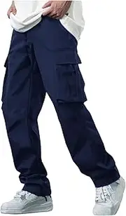 Men's Straight Leg Cargo Pant Solid Color Elastic Waist Drawstring Loose Fit Pant Workout Joggers with Multi Pockets