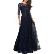 La Femme A-line Lace Sequin Gown with Sheer Scoop Neckline in Navy at Nordstrom, Size 14