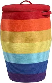 Tall Extra Large Storage Basket with Lid, Cotton Rope Storage Baskets, Laundry Hamper with Cover, Toy Bin, for Toys Blankets Storage in Living Room (Rainbow, 26"x20")