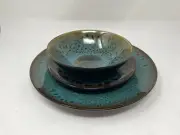 Elite Ceramic Blue & Brown 11in Dinner, 8in Salad Plate &7in Bowl Set CC02B28007