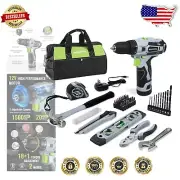 Compact 12V Cordless Drill Driver with 61 Tools & Ergonomic Design Storage Bag
