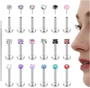 [Kakonia] 18PCS Threadless Nose Rings Studs for Women Men 20G 18G 16G Hypoallergenic Surgical Stainless Steel Labret Lip Rings CZ Opal Push in Earrings Flat Back Nose Stud Cartilage Nostril Conch Helix Tragus Piercing Jewelry