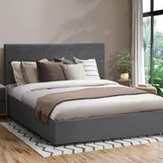 1x Oikiture Bed Frame Double Size Gas Lift Storage Base Grey Velvet COTI