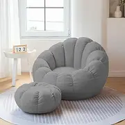Stuffed Bean Bag Storage Chair Ultra Soft Filler Memory Foam (No Beans) Teddy Hair Petal Sofa Lazy Sack Soft Beanbag, Gray