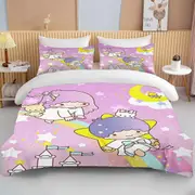 v1590 Bed Sheets Little Twin Stars Printed Bedding Set Cartoon Anime Microfiber Bed Set Pillowcase Adult Bed Cover Bedroom Bed Set Duvet 3-Piece Beddi
