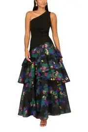 Aidan Mattox One-Shoulder Floral Jacquard Tiered Asymmetrical Gown