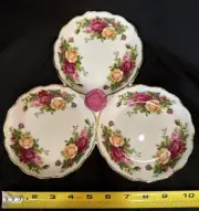 NEW ROYAL ALBERT 3 SERVER w ROSE BUD HANDLE "Old Country Roses" Floral Gold Rim