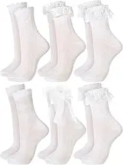 [Fourluoo] 6 Pairs Womens Socks Casual Ruffle Ankle Socks Lace Socks Cute Breathable Thin Cool Frilly Socks (White,Lace Style), White, One Size