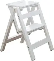 Folding Chair Ladder with Extra Steps Portable Wooden Chair for Home Library Office Multiple Colors (White)