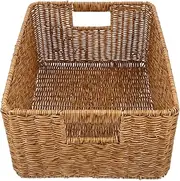 [Kichvoe] Woven Magazine Basket Plastic Wicker Basket Rectangle Rattan Container with Handle Book Cosmetic Sundries Container for Home Office Khaki