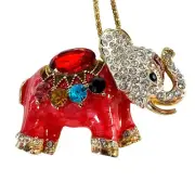 Betsey Johnson Red Crystal Enamel Elephant Pendant Necklace Gold Tone