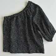 DECJUBA Sara Linen Blend One Shoulder Top Medium Polka Dots Preppy Peasant Boho