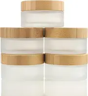 COSIDEA 5pcs Empty 3.33 OZ/100g Round Frosted Glass Jars with Bamboo lids, Bamboo Cream Jar Refillable Cosmetic Travel Containers for Lip Balm, Ointments, Lotion Packing
