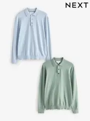 Light Blue/Sage Green Regular Fit Knitted Long Sleeve Polo Shirts 2 Pack (E26105) | $102