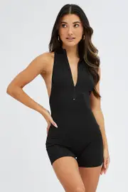 Black Zip Up Unitard - Size L, Women's Aw One Piece