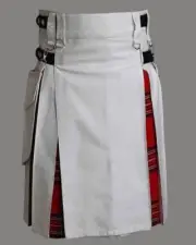 Men's White Cotton Hybrid Scottish Utility Tartan Kilt with Adjustable Strap.