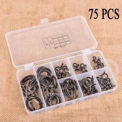 75pcs Fishing Rod Guide Rings Eye Set 8 Size Tackle Tip Repair Kit Box DIY Ring