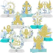 10 Pcs Baptism Decorations Baptism Honeycomb Centerpieces Baptism Centerpieces for Tables Gold Glitter Baptism Party Supplies for Baby Shower Birthday First Communion Decorations (Light Blue Series)