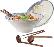 Ramen Noodle Soup Bowl, 2 Sets 47-Ounce Large Soup Bowl Sets With Chopsticks and Spoons, Japanese Style Melamine Ramen Bowl Sets Cherry blossom pattern Suitable for Ramen, Pho, Noodle, Soup.
