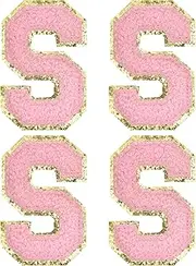sourcing map Chenille Letter Patches 2.2" Self Adhesive Alphabet S Stick on Embroidered Patch Sew on Letter Stickers Applique for Repairing Clothing Jeans Shoes Hats DIY(Pink, Pack of 4)